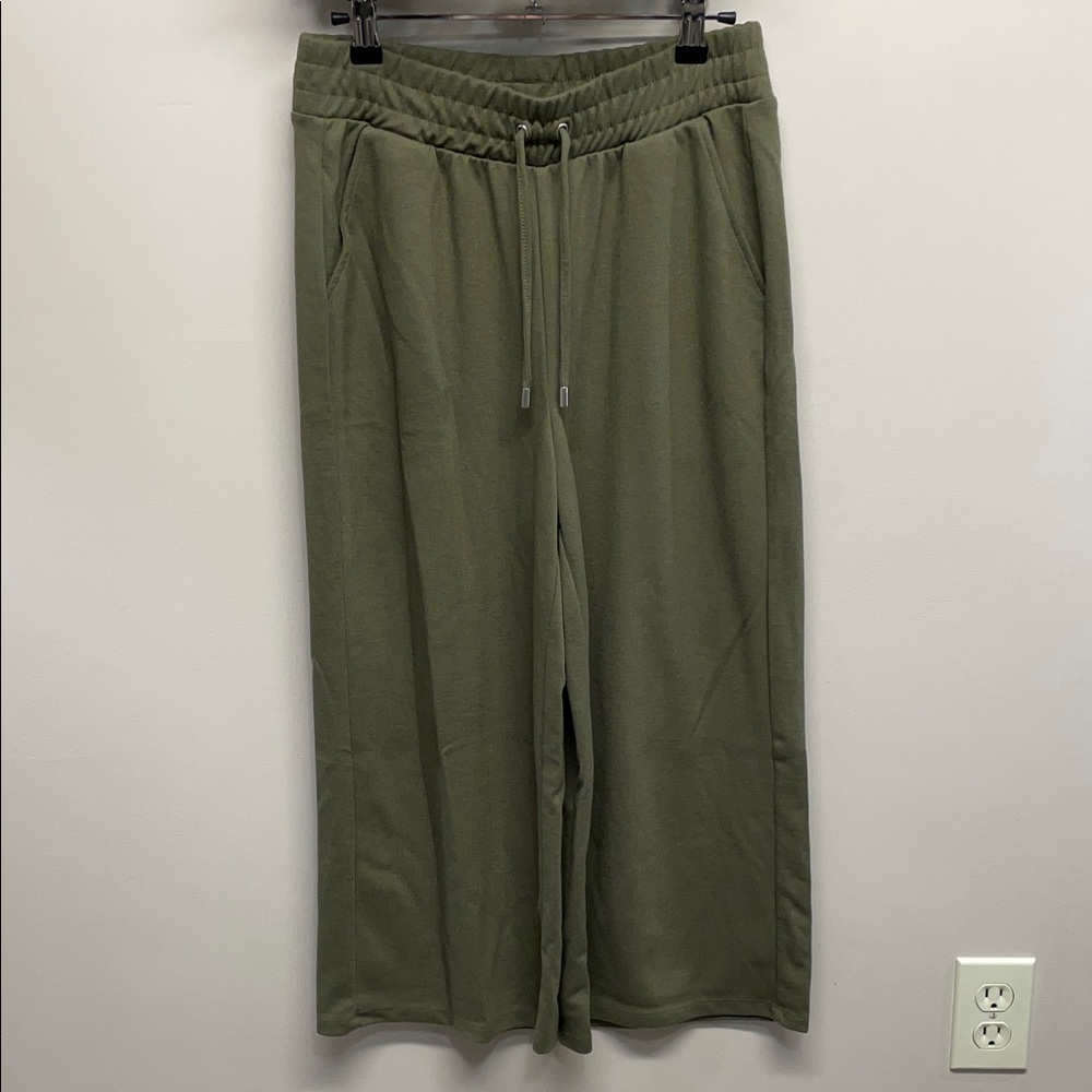 Primark Wide Leg Crop Drawstring Elastic Waist Pants Pockets Olive Green XS